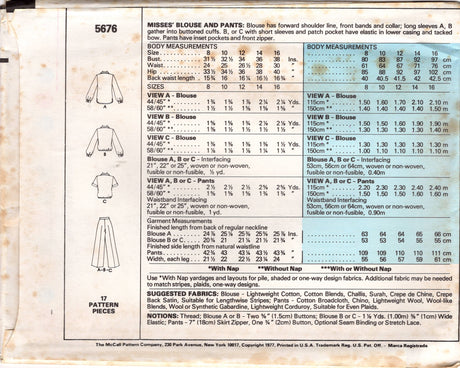 1970's McCall's Pullover Top, and Straight line pants pattern - Marlo's Corner - Bust 34-38" - No. 5676