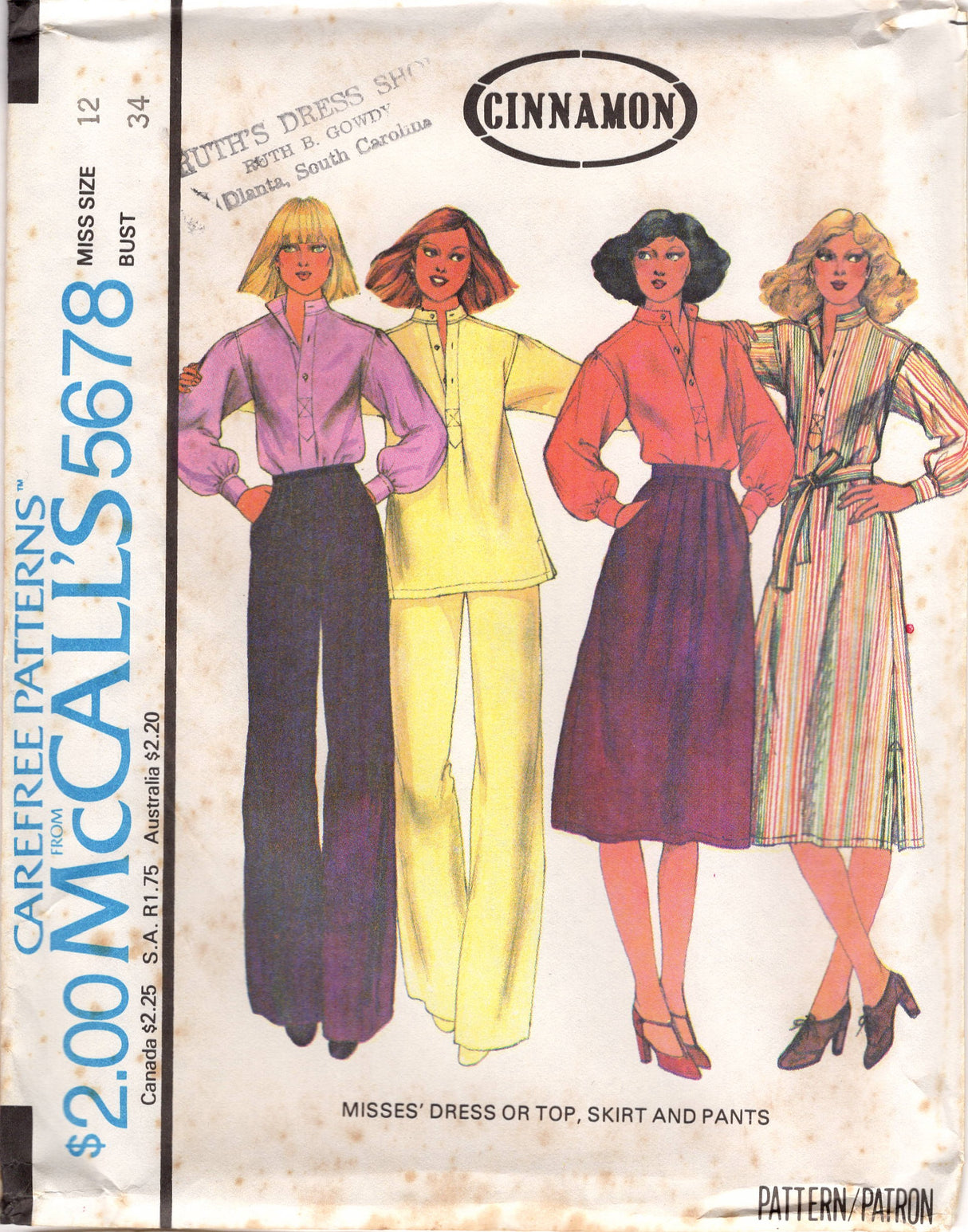 1970's McCall's Yoked Pullover Top, Dress, A line skirt, and Straight line pants pattern - Bust 31.5-38" - No. 5678