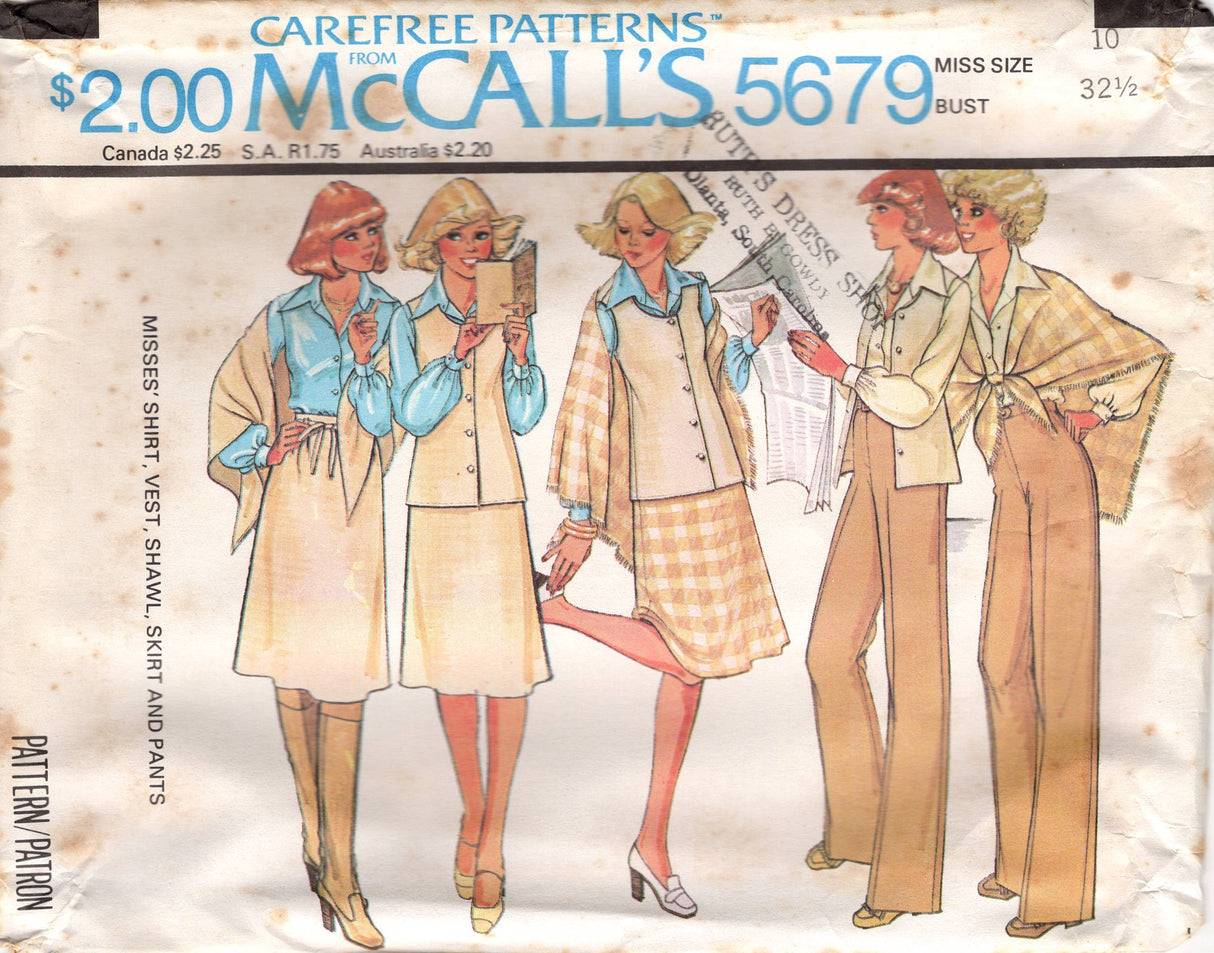 1970's McCall's Button up Shirt, Vest, Shawl, A line Skirt and Pants pattern - Bust 31.5-38" - No. 5679