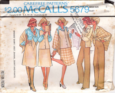 1970's McCall's Button up Shirt, Vest, Shawl, A line Skirt and Pants pattern - Bust 31.5-38