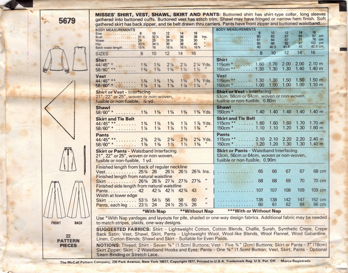 1970's McCall's Button up Shirt, Vest, Shawl, A line Skirt and Pants pattern - Bust 31.5-38" - No. 5679