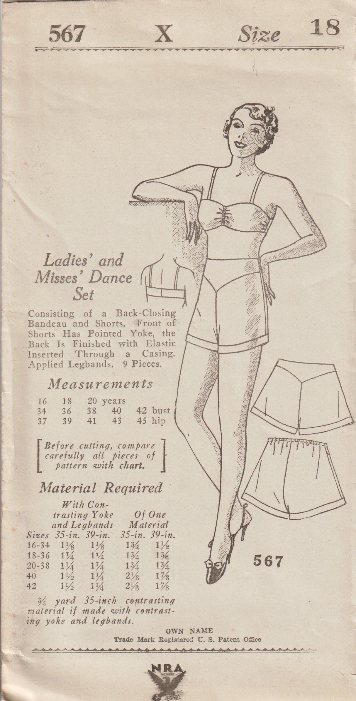 1930's New York Dance Set Pattern of Bandeau and Shorts - Bust 36" - No. 567