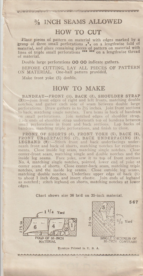 1930's New York Dance Set Pattern of Bandeau and Shorts - Bust 36" - No. 567
