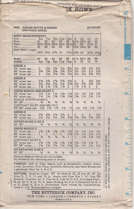 1960’s Butterick Drop Waist Dress Pattern - Bust 33" - No. 5682