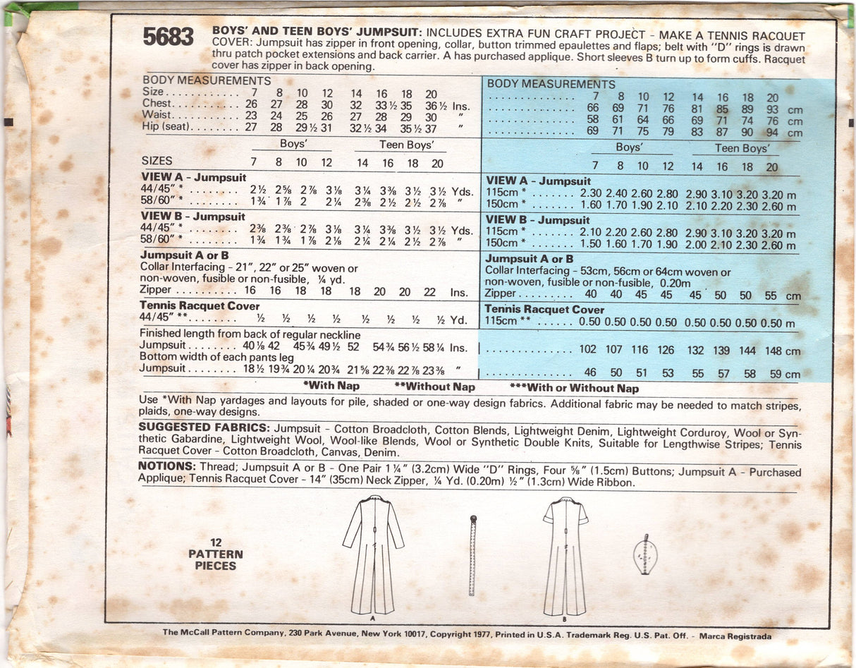 1970's McCall's Child's and Teen's Jumpsuit Pattern and Tennis Racquet cover - Chest 26-36.5" - No. 5683