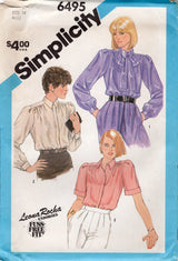 1980's Simplicity Button Up Blouse Pattern with Gathered Front and Bow - Bust 36" - No. 6495