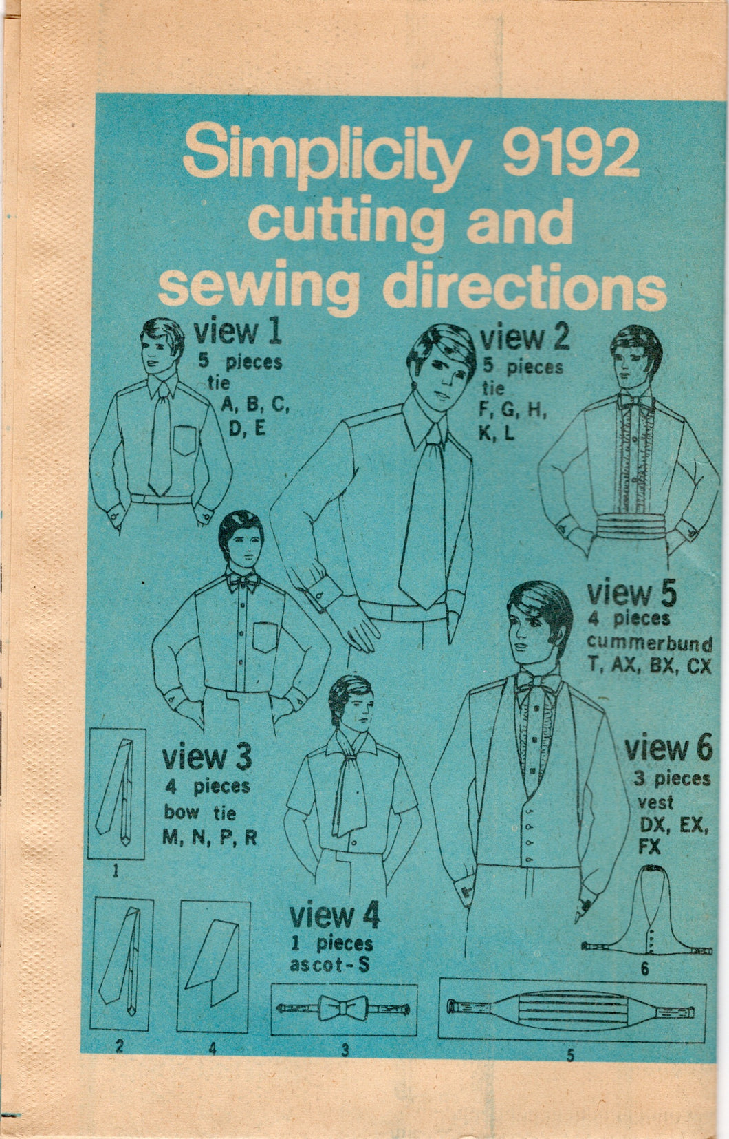 1970's Simplicity Men's Accessory Pattern: Tie, Bow Tie, Vest and Cummerbund Pattern - One Size - No. 9192