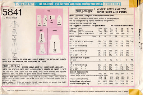 1970's Simplicity Pullover Shirt, A line Skirt and Pants Pattern - Bust 36" - No. 5841