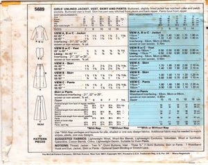 1970's McCall's Teen Unlined Jacket, Vest, Pleated Skirt and Wide Leg Pants pattern - Chest 32" - No. 5689