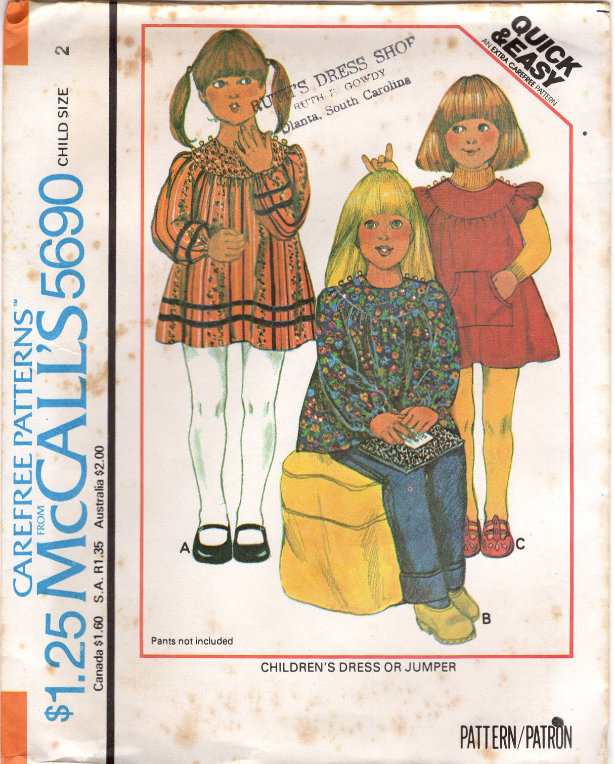 1970's McCall's Child's Yoked Dress Pattern with Patch Pockets - Chest 21-25" - No. 5690