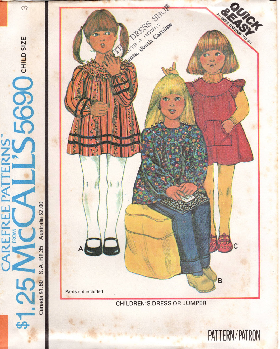1970's McCall's Child's Yoked Dress Pattern with Patch Pockets - Chest 21-25