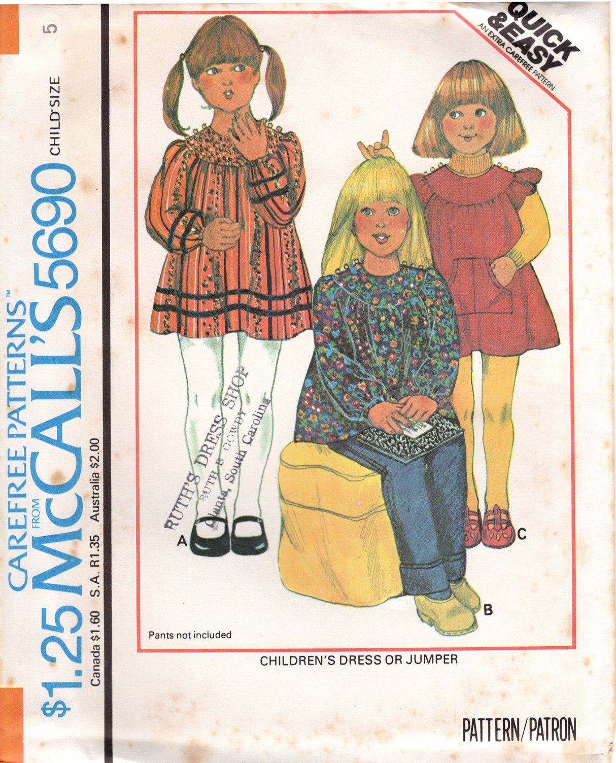 1970's McCall's Child's Yoked Dress Pattern with Patch Pockets - Chest 21-25" - No. 5690