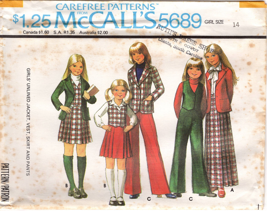 1970's McCall's Teen Unlined Jacket, Vest, Pleated Skirt and Wide Leg Pants pattern - Chest 32