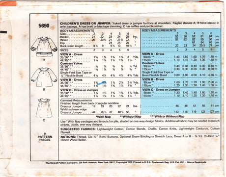 1970's McCall's Child's Yoked Dress Pattern with Patch Pockets - Chest 21-25" - No. 5690