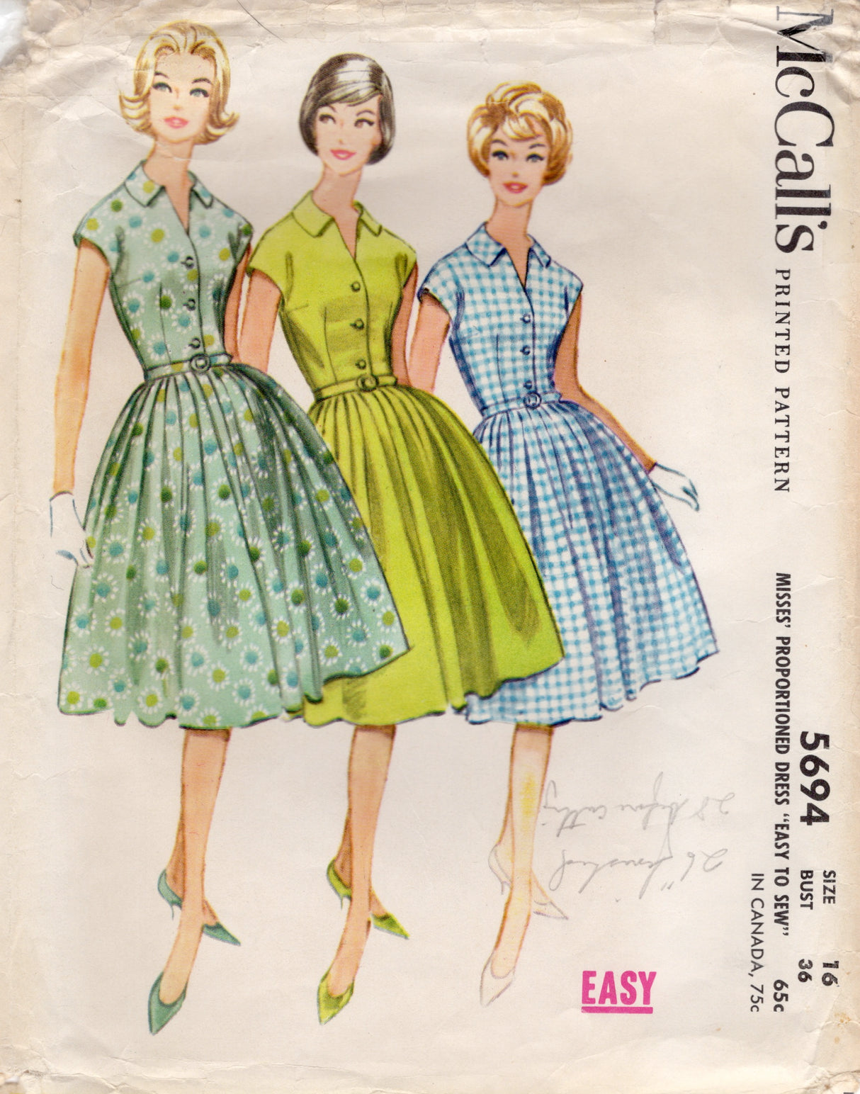 1960's McCall's Shirtwaist Dress Pattern with Pleated Skirt in Proportioned Heights - Bust 36" - No. 5694