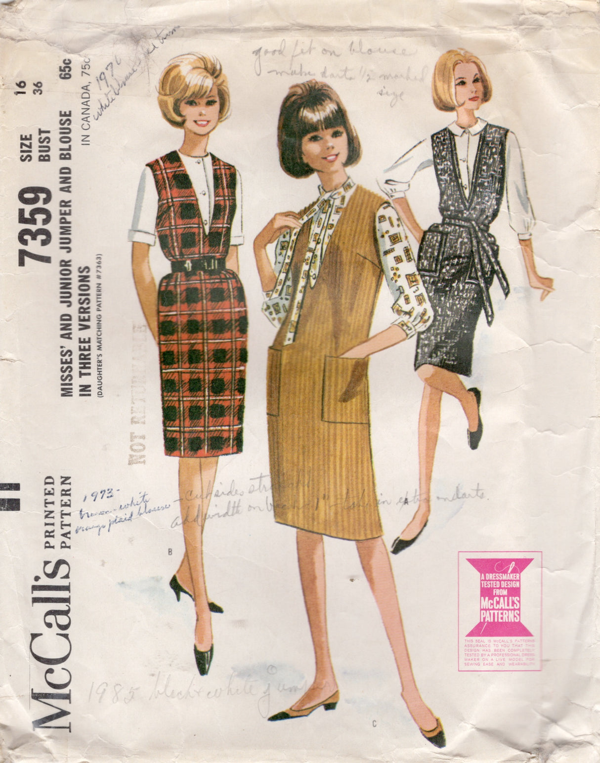 1960's McCall's Jumper Dress and Button Up Blouse Pattern - Bust 36" - No. 7359