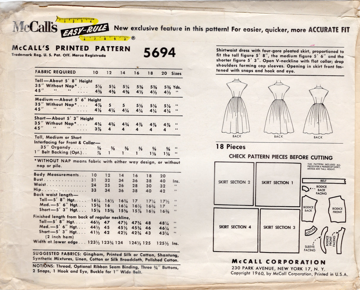 1960's McCall's Shirtwaist Dress Pattern with Pleated Skirt in Proportioned Heights - Bust 36" - No. 5694