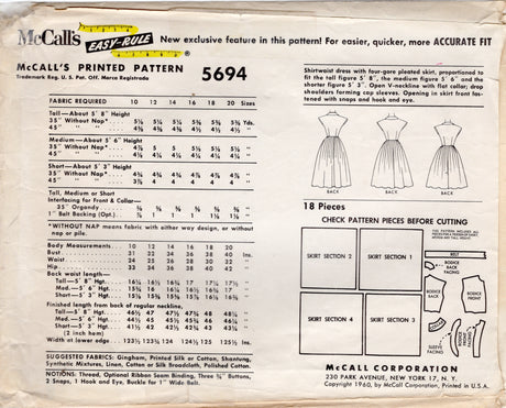 1960's McCall's Shirtwaist Dress Pattern with Pleated Skirt in Proportioned Heights - Bust 36" - No. 5694