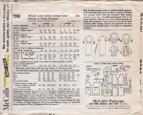 1960's McCall's Jumper Dress and Button Up Blouse Pattern - Bust 36" - No. 7359