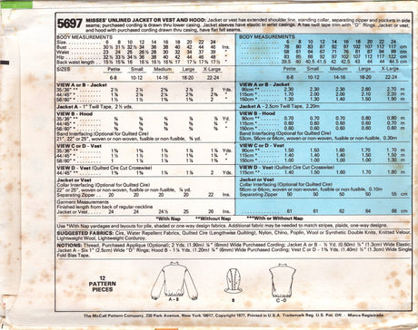 1970's McCall's Unlined Hooded Jacket or Puffer Coat Pattern - Bust 30.5-31.5" - No. 5697