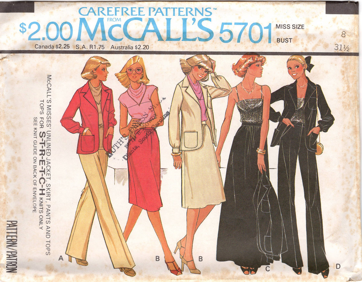 1970's McCall's Unlined Jacket, Cowl Neck Blouse, Camisole, Maxi or Midi Skirt and Straight Leg Pants Pattern - Bust 31.5-32.5" - No. 5701