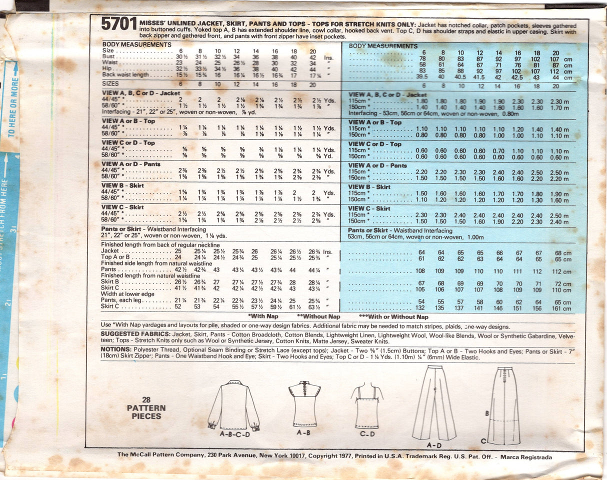1970's McCall's Unlined Jacket, Cowl Neck Blouse, Camisole, Maxi or Midi Skirt and Straight Leg Pants Pattern - Bust 31.5-32.5" - No. 5701
