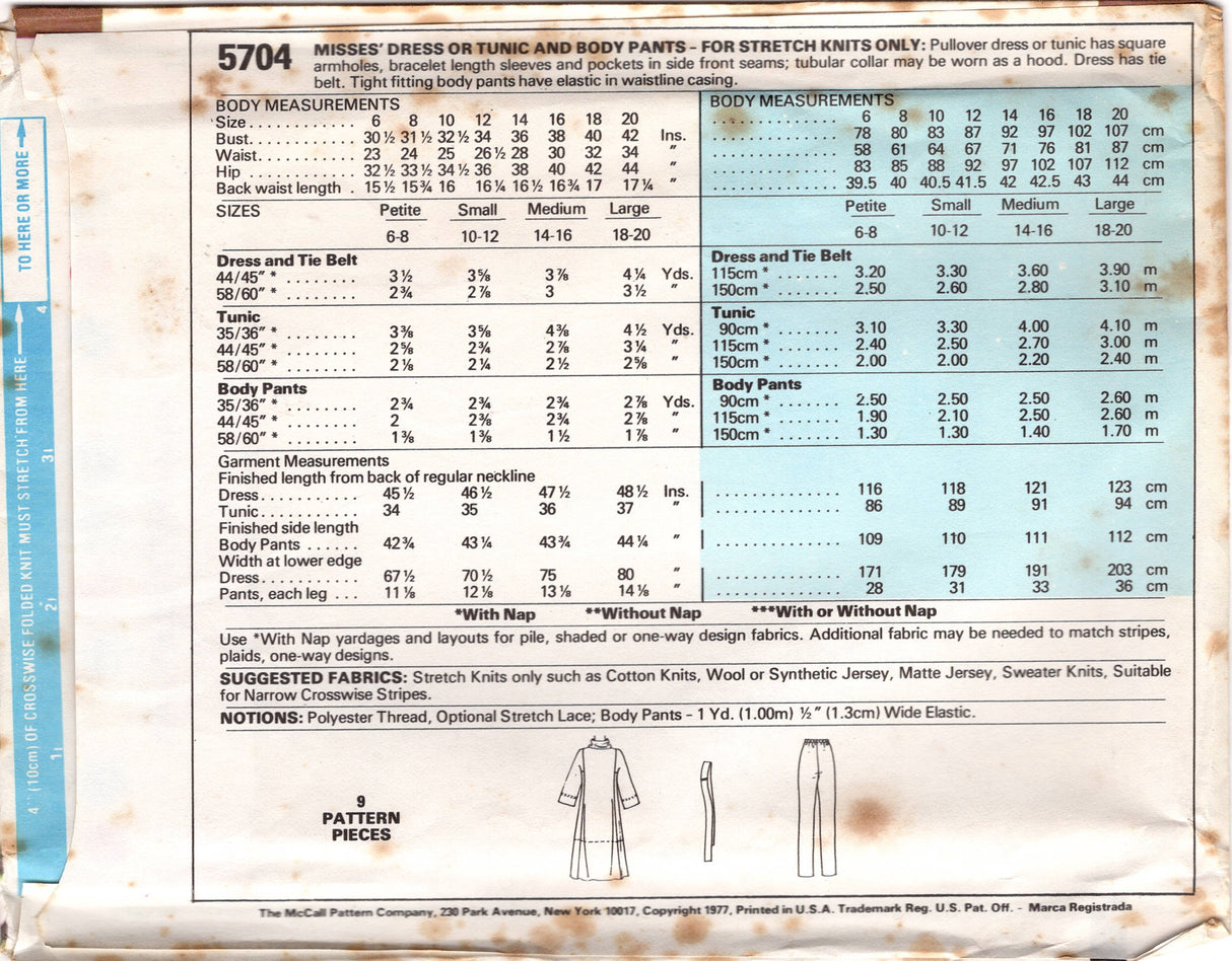 1970's McCall's Collared Dress and Leggings Pattern, Tall Collar can also be hood- Bust 30.5-31.5" - No. 5703