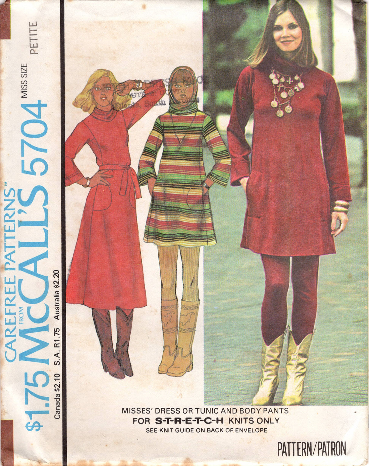 1970's McCall's Collared Dress and Leggings Pattern, Tall Collar can also be hood- Bust 30.5-31.5" - No. 5703