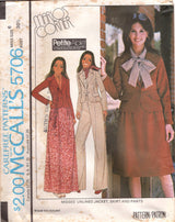 1970's McCall's Unlined Princess Line Jacket, Pleated Skirt, Wide Leg Pants Pattern - Bust 30.5-38" - No. 5706