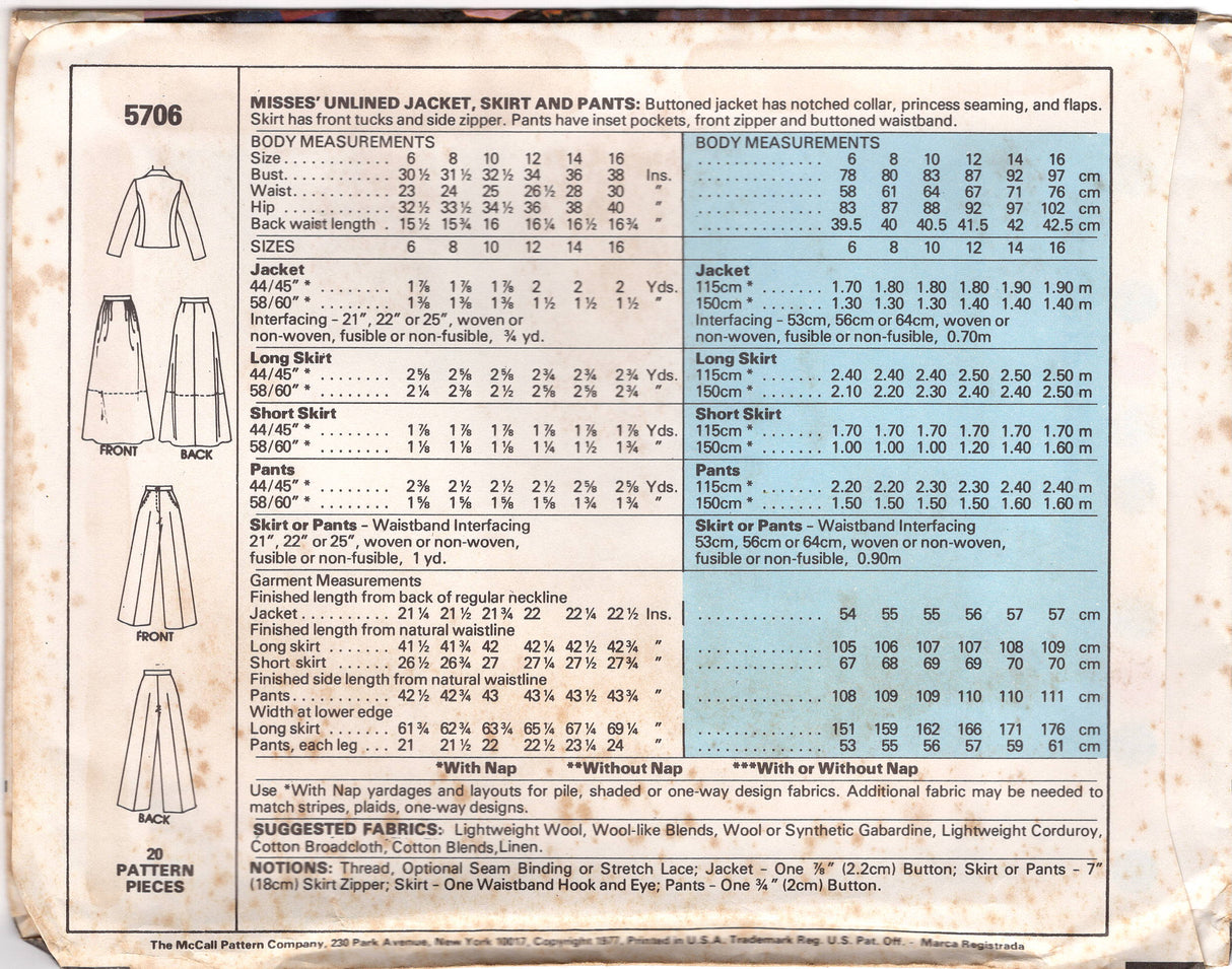 1970's McCall's Unlined Princess Line Jacket, Pleated Skirt, Wide Leg Pants Pattern - Bust 30.5-38" - No. 5706