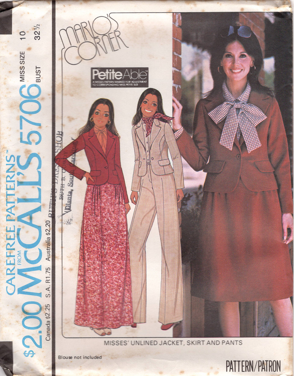 1970's McCall's Unlined Princess Line Jacket, Pleated Skirt, Wide Leg Pants Pattern - Bust 30.5-38" - No. 5706