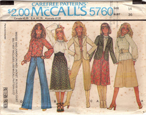 1970's McCall's Gathered Neckline Blouse with Full Sleeves, Unlined Jacket and A-Line Skirt in two lengths pattern - Bust 31.5-38" - No. 5760