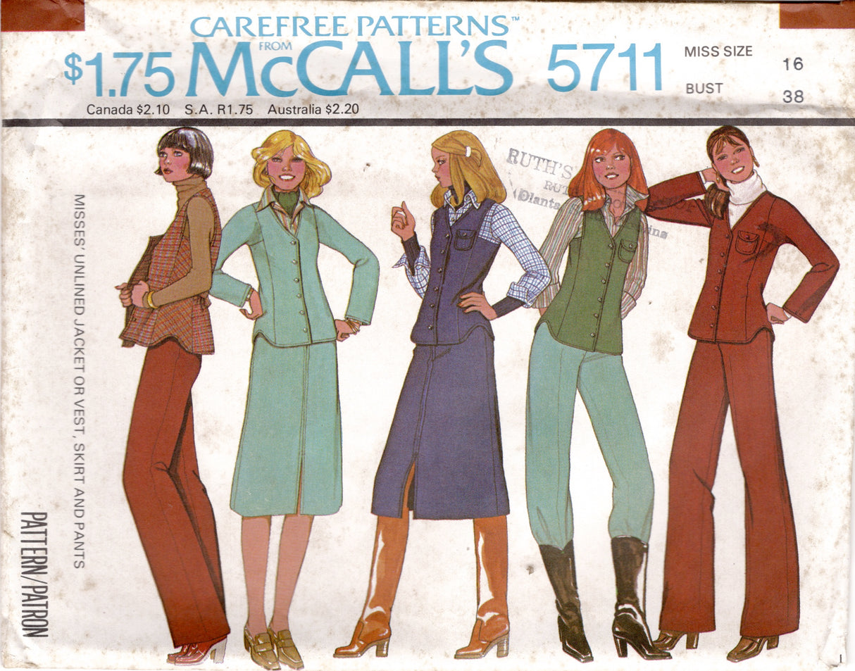 1970's McCall's Vest, Unlined Jacket and Wide Leg Pants or Flared Skirt pattern - Bust 31-38" - No. 5711