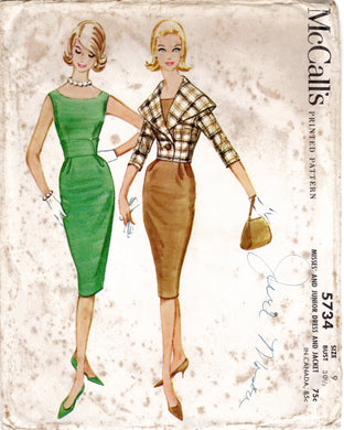1960's McCall's Sheath Dress with Boat Neckline and Fitted Waist and Cropped Bolero Jacket with Large Collar - Bust 30.5