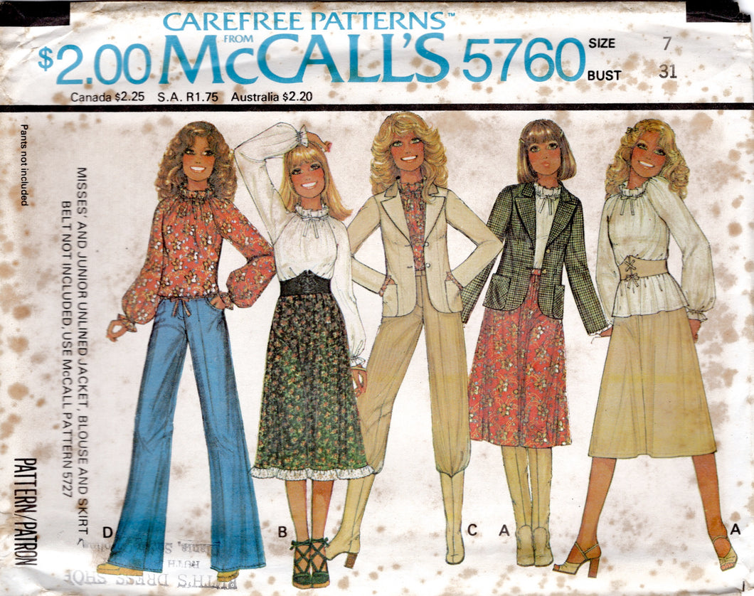 1970's McCall's Gathered Neckline Blouse with Full Sleeves, Unlined Jacket and A-Line Skirt in two lengths pattern - Bust 31.5-38