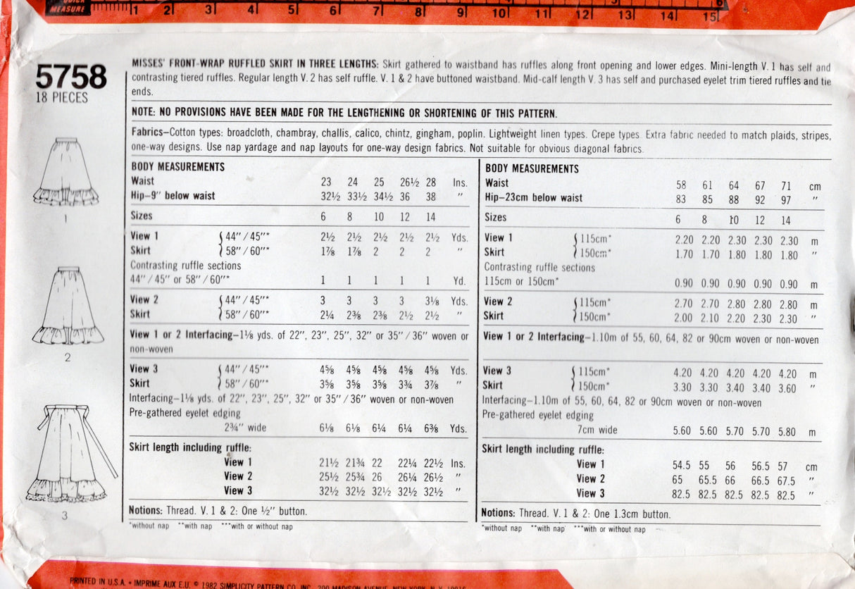 1980's Simplicity Front Wrap Ruffled Skirt Pattern - Waist 28" - No. 5758