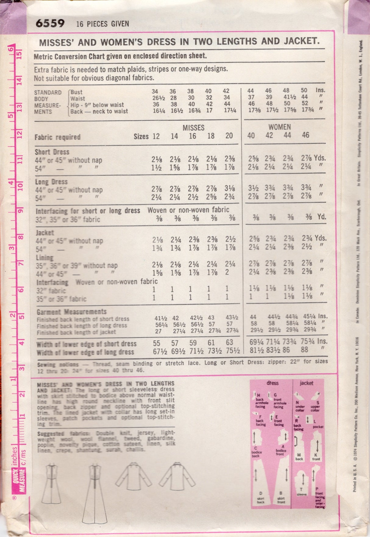 1970's Simplicity Midi or Maxi Dress with Empire Waist and Slit Neckline and Jacket Pattern - Bust 36 - 38" - No. 6559