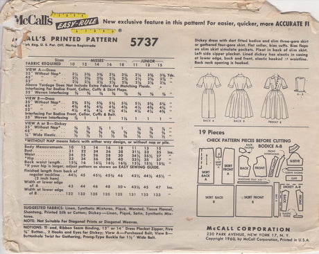 1960's McCall's Surplice Bodice Dress with Slim or Full Skirt Pattern - Bust 34" - No. 5737