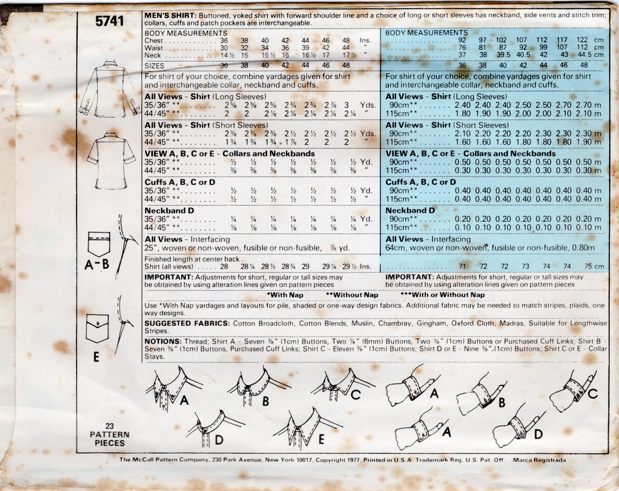1970's McCall's John Weitz Button Up Shirt Pattern - Chest 36-48" - No. 5741