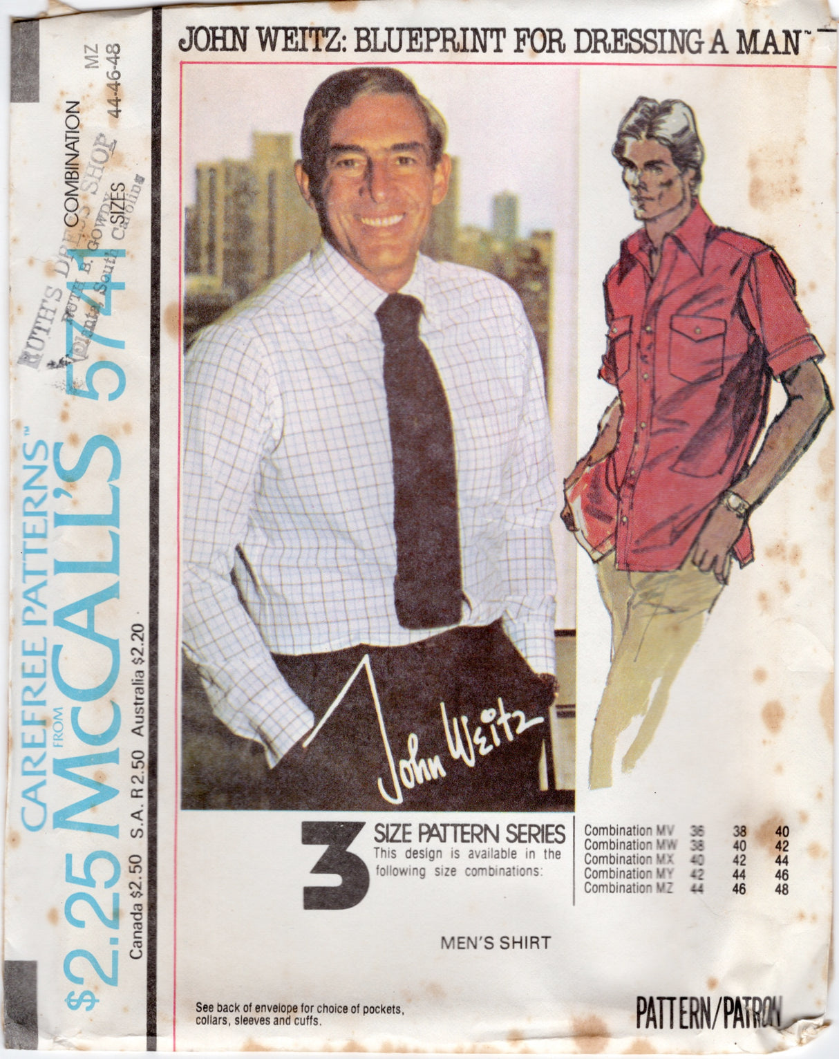 1970's McCall's John Weitz Button Up Shirt Pattern - Chest 36-48" - No. 5741