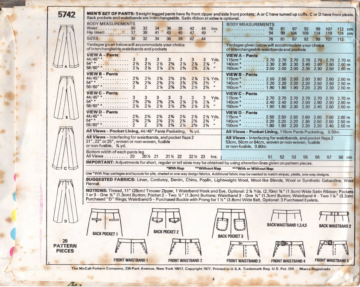 1970's McCall's Men's Set of High Waisted pants - Waist 32-44" - No. 5742