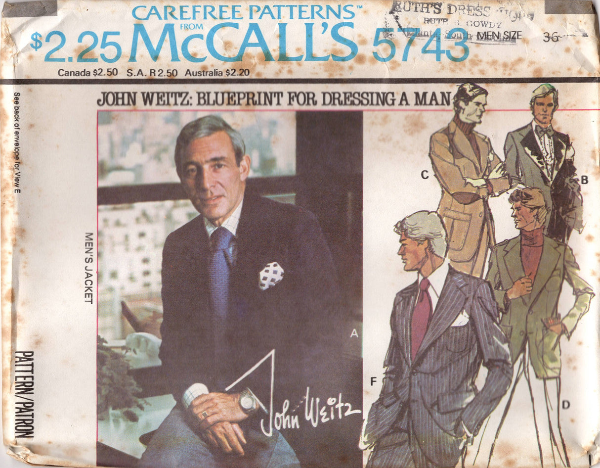 1970's McCall's Men's Single Breasted Jacket Pattern with optional Elbow Patches - Chest 36-48" - No. 5743