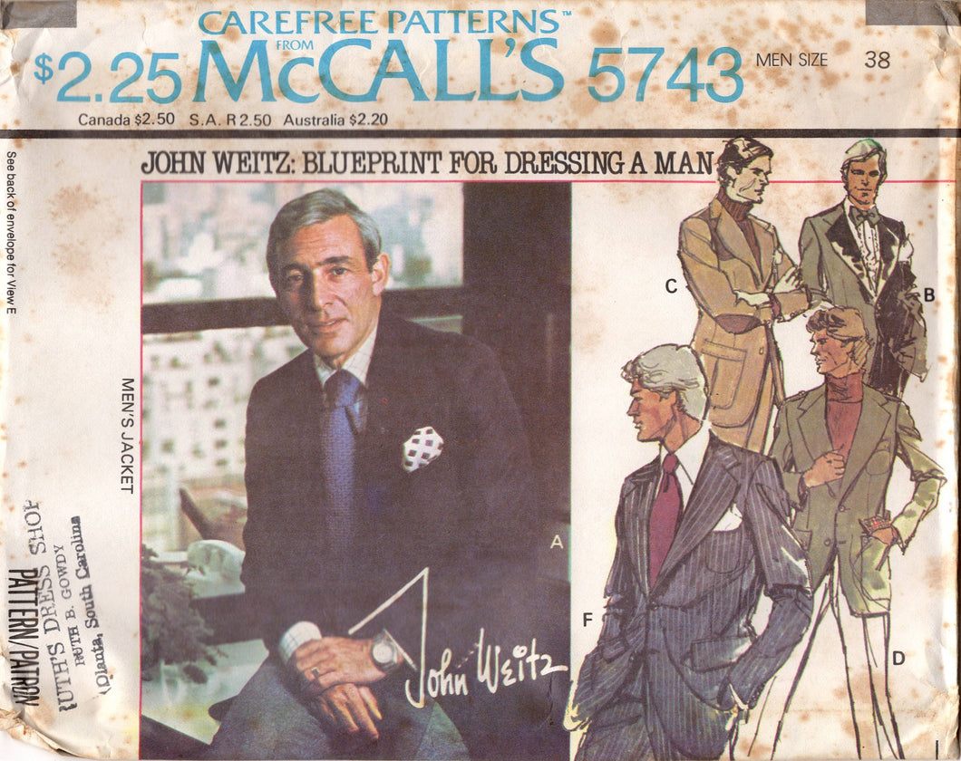 1970's McCall's Men's Single Breasted Jacket Pattern with optional Elbow Patches - Chest 36-48