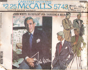 1970's McCall's Men's Single Breasted Jacket Pattern with optional Elbow Patches - Chest 36-48" - No. 5743