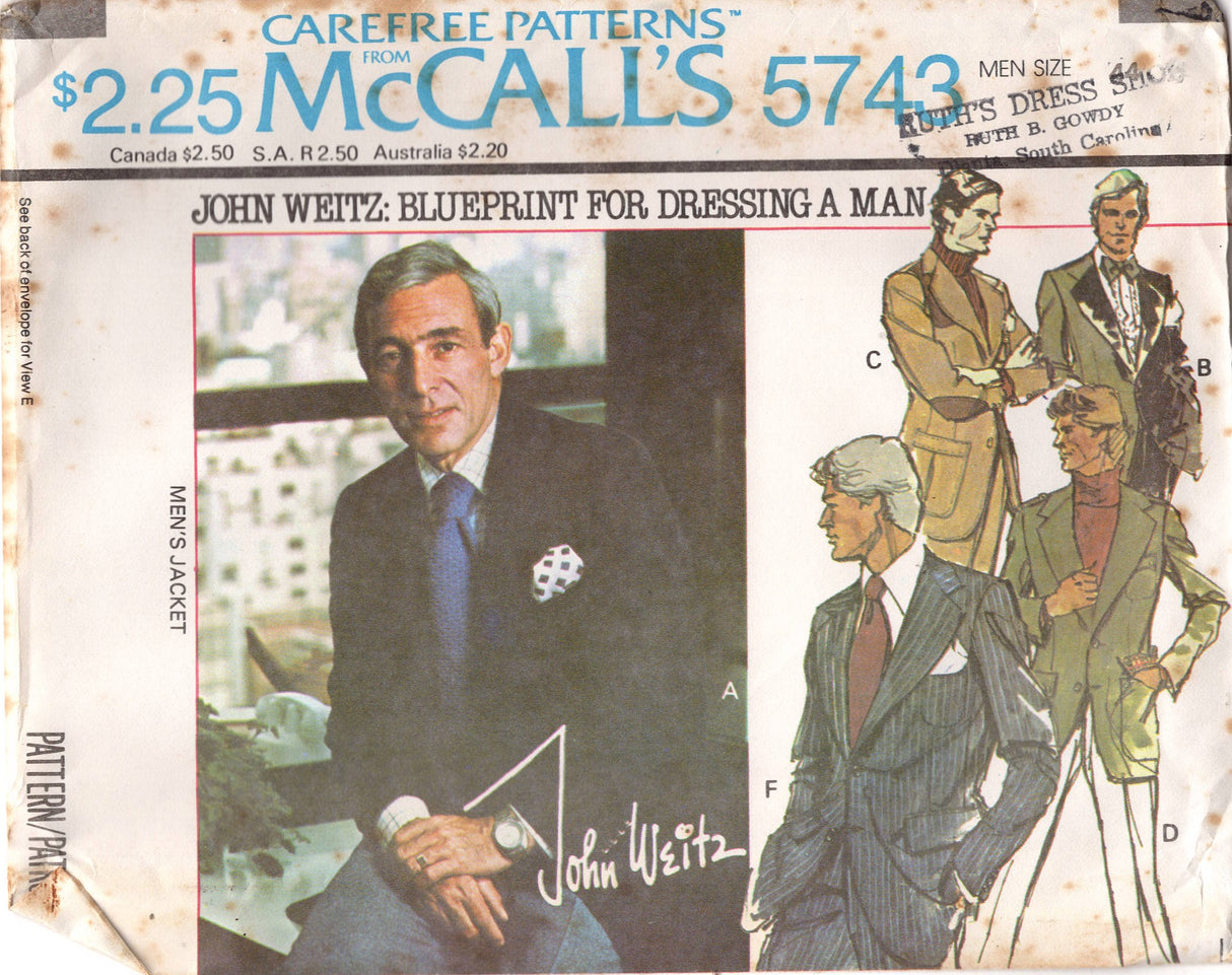 1970's McCall's Men's Single Breasted Jacket Pattern with optional Elbow Patches - Chest 36-48" - No. 5743