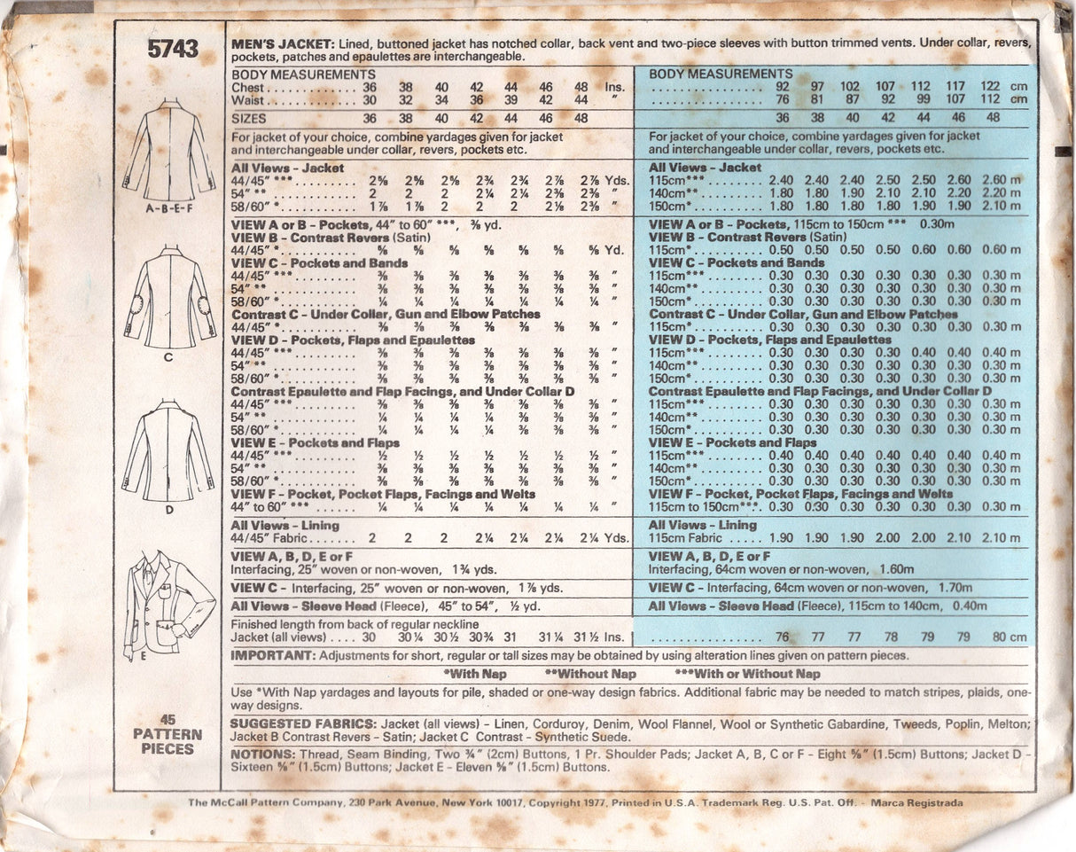 1970's McCall's Men's Single Breasted Jacket Pattern with optional Elbow Patches - Chest 36-48" - No. 5743