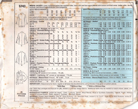 1970's McCall's Men's Single Breasted Jacket Pattern with optional Elbow Patches - Chest 36-48" - No. 5743