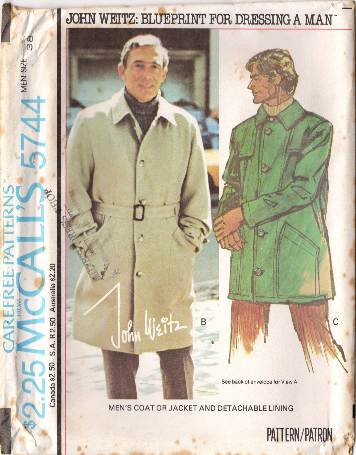 1970's McCall's Men's Single Breasted Jacket or Coat Pattern with Detachable lining - Chest 38-48" - No. 5744