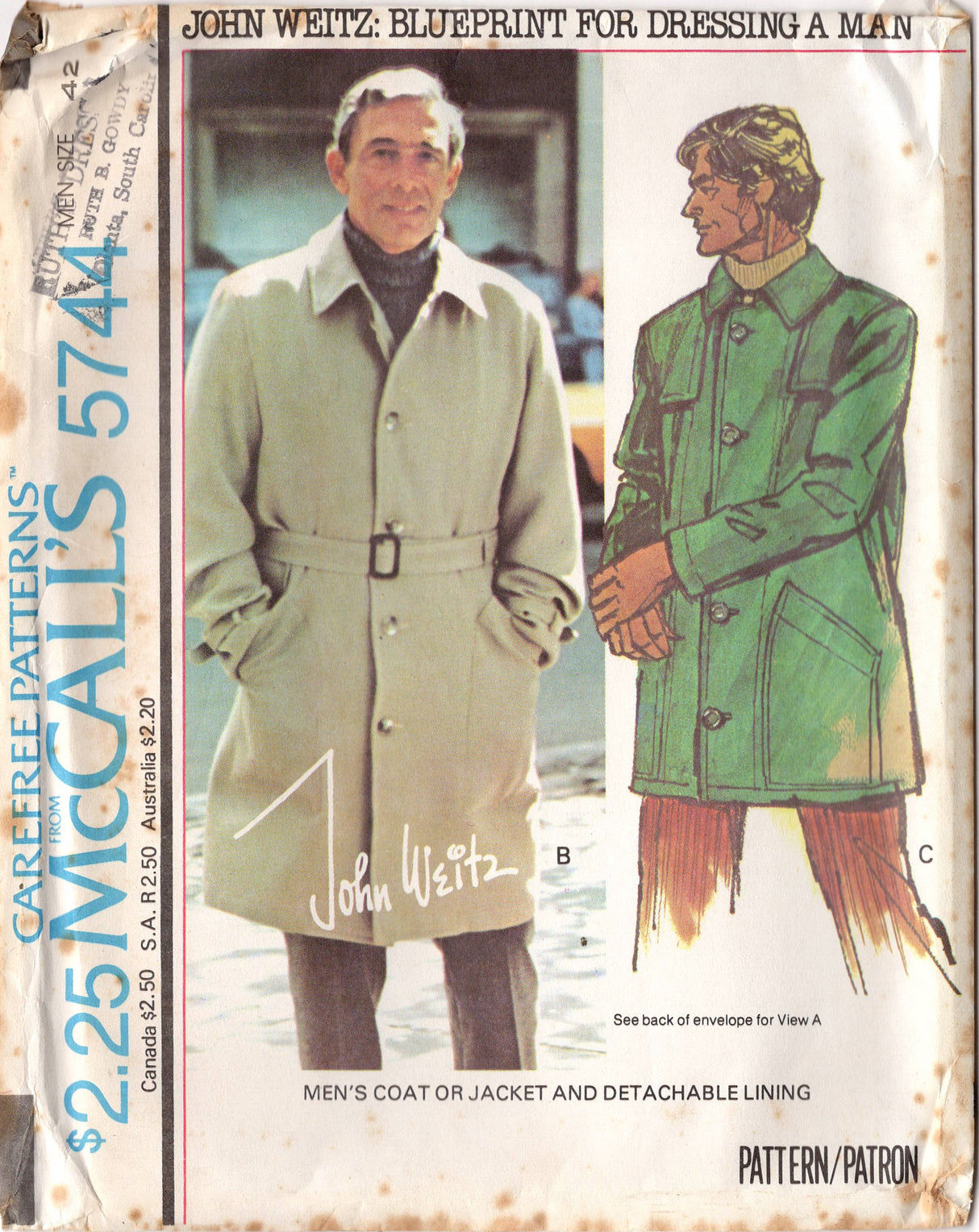 1970's McCall's Men's Single Breasted Jacket or Coat Pattern with Detachable lining - Chest 38-48" - No. 5744