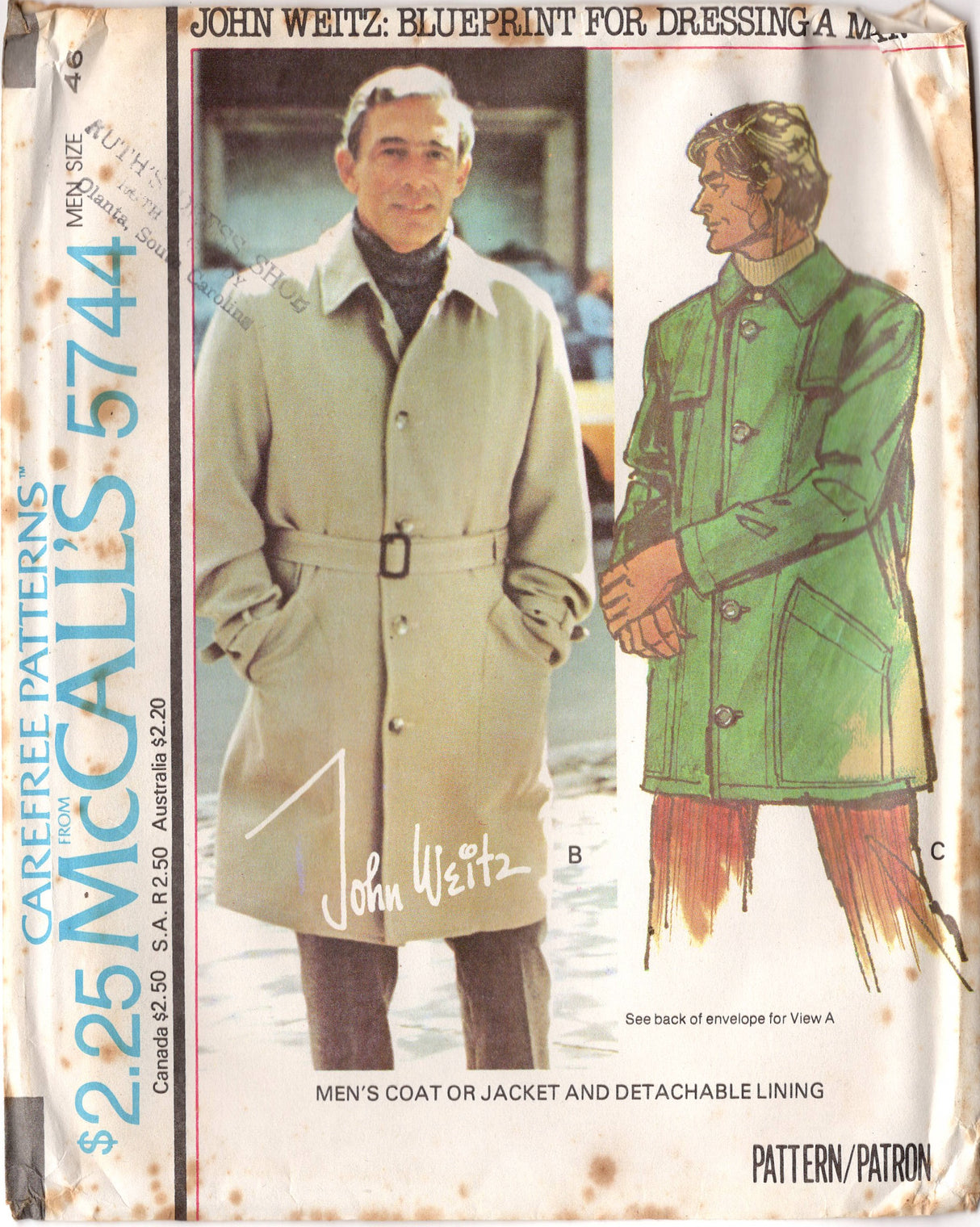 1970's McCall's Men's Single Breasted Jacket or Coat Pattern with Detachable lining - Chest 38-48" - No. 5744